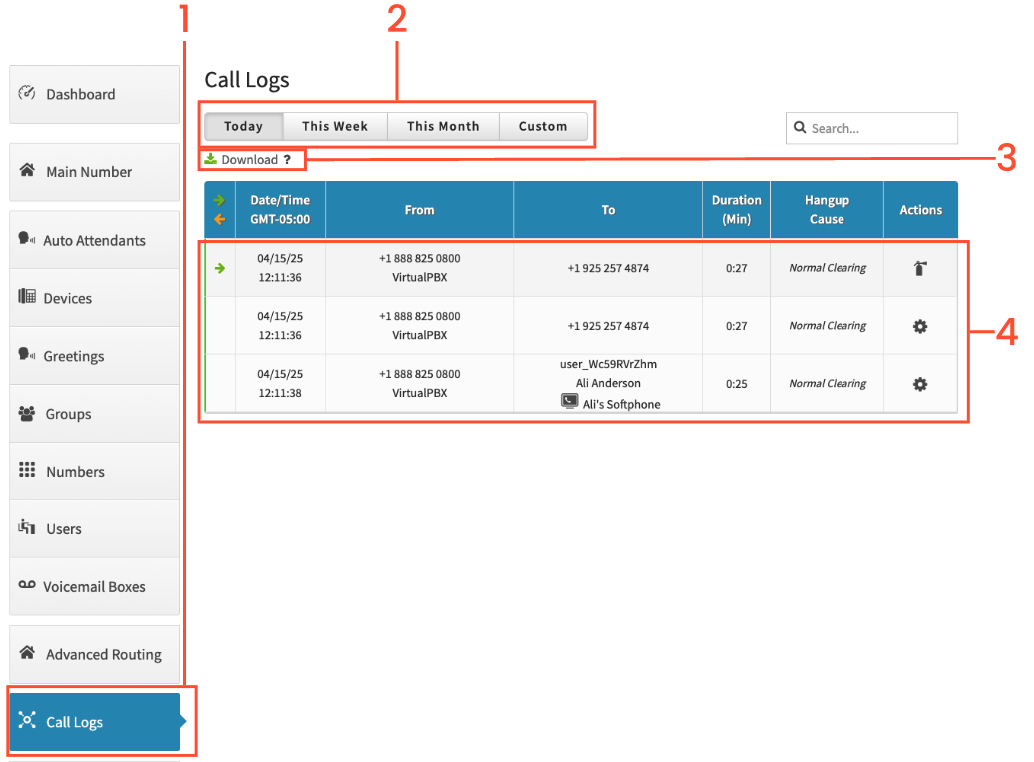 Call Logs Page