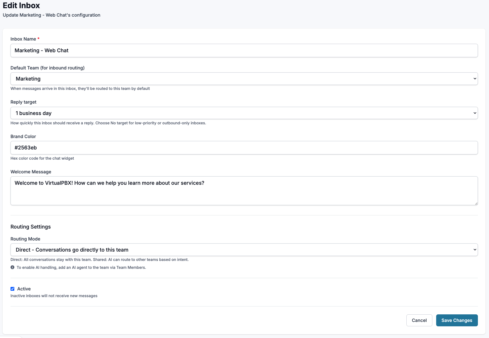 Editing a Web Chat Inbox